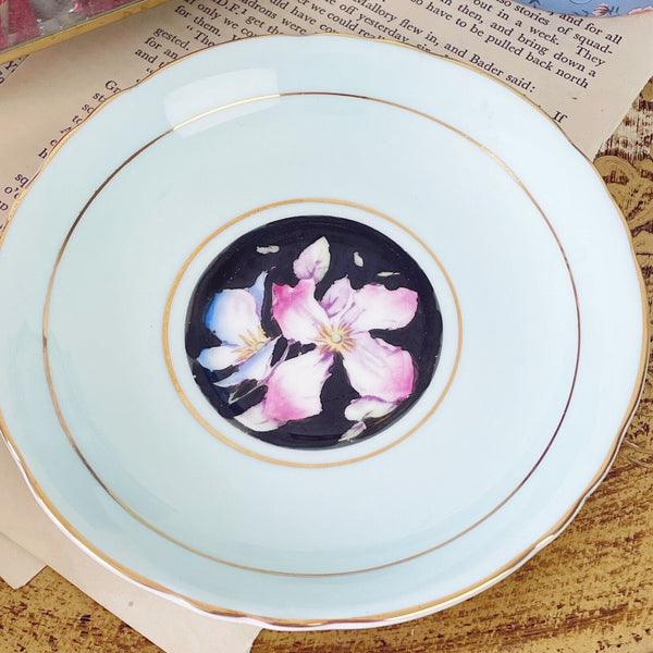 Vintage Paragon cabinet cup & saucer, pink & blue roses, black ground, duck egg