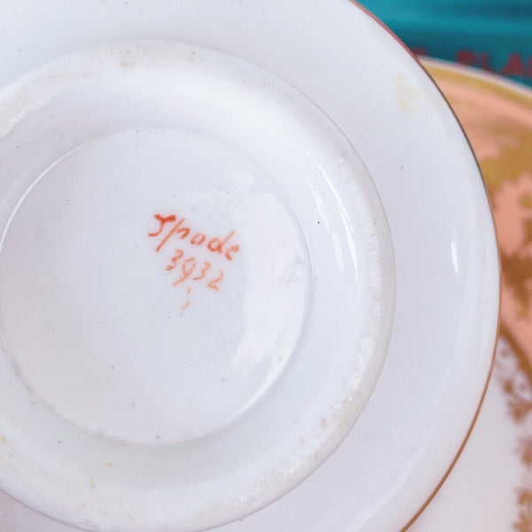 Antique Spode apricot ground teacup and saucer, serpent handle Etruscan shape