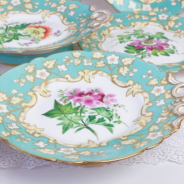 Samuel Alcock dessert service, six plates two comports, turquoise handpainted