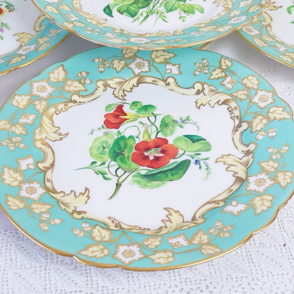 Samuel Alcock dessert service, six plates plus comport, turquoise handpainted