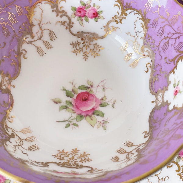 Coalport cabinet cup, lilac ground, handpainted cabbage roses batwing interest B