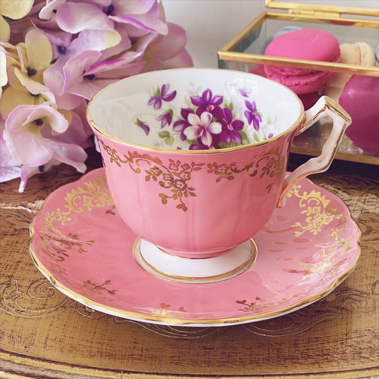 Aynsley crocus shape cup and saucer, pink with purple flowers, vintage cabinet