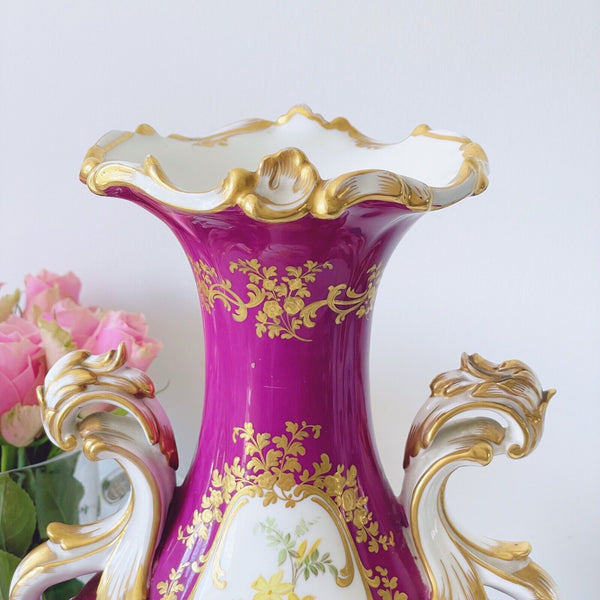 Antique Minton vase c1840 handpainted flower courting couple scene tooled gilt