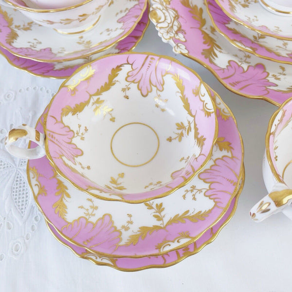 Antique Ridgway tea set, pink and gold, teapot, cake plate, sucrier, true trios