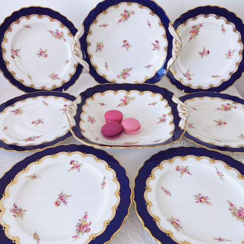 Antique Coalport dessert service, six plates and two serving dishes, c1890s