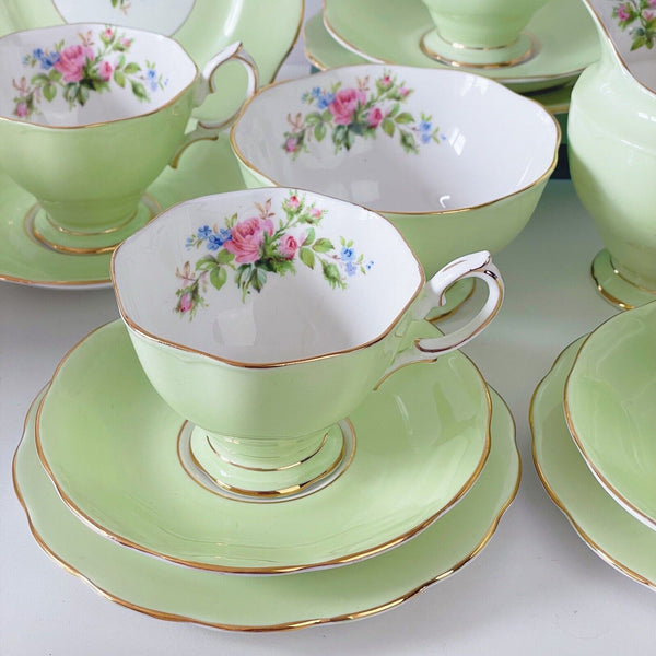 Royal Albert harlequin green teacup trio or milk jug/ sugar bowl, Moss Rose