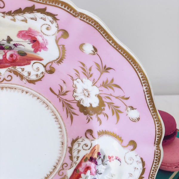 Antique Yates cake plate, pink ground with handpainted floral cartouches c.1825