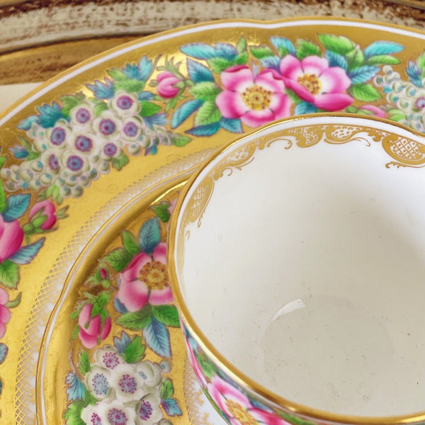 Antique Coalport teacup and saucer set with large plate, handpainted roses, gilt