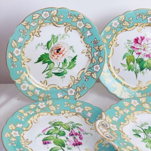 Samuel Alcock dessert service, six plates two comports, turquoise handpainted