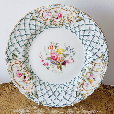 Antique Minton Newcastle shape dessert plate, handpainted flowers, 1855