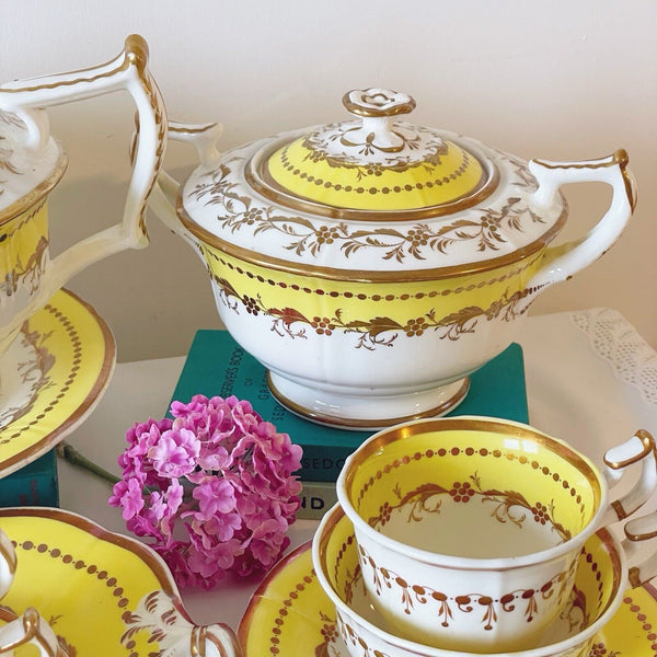 Antique Minton tea set, teapot, teacup, coffee cup, saucers, sucrier, cake plate