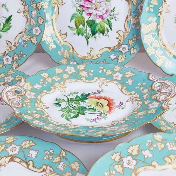 Samuel Alcock dessert service, six plates two comports, turquoise handpainted