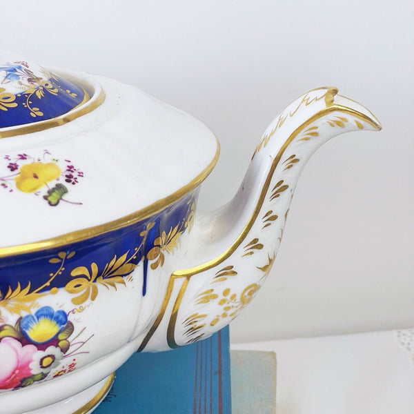 Antique Minton N shaped teapot, c1825, cobalt blue, handpainted flowers, useable