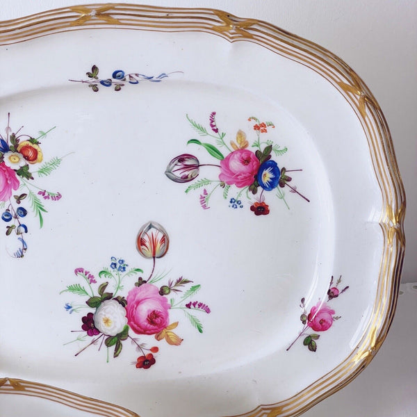 Set of four antique Davenport plates with handpainted flowers, dessert service