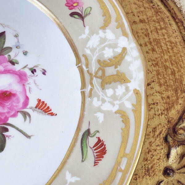 Antique Coalport moulded plate, c1820, handpainted with fruit and flowers