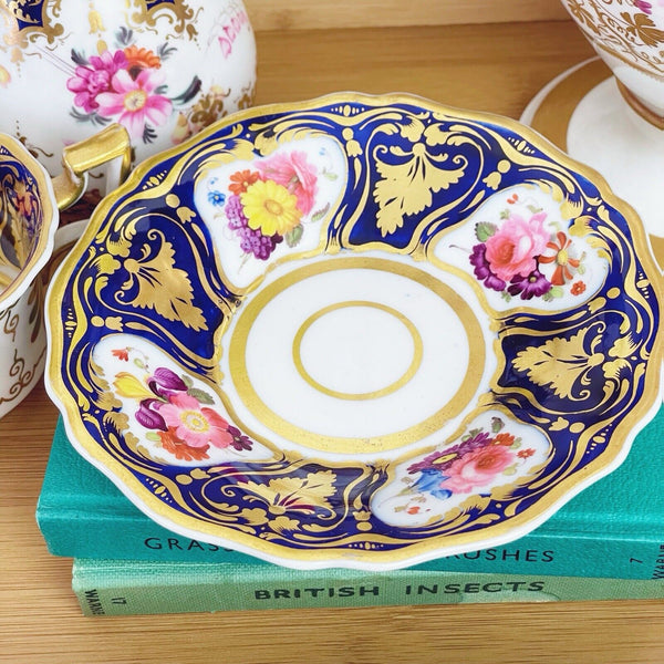 Antique Ridgway true trio teacup, coffee cup saucer, cobalt handpainted flowers