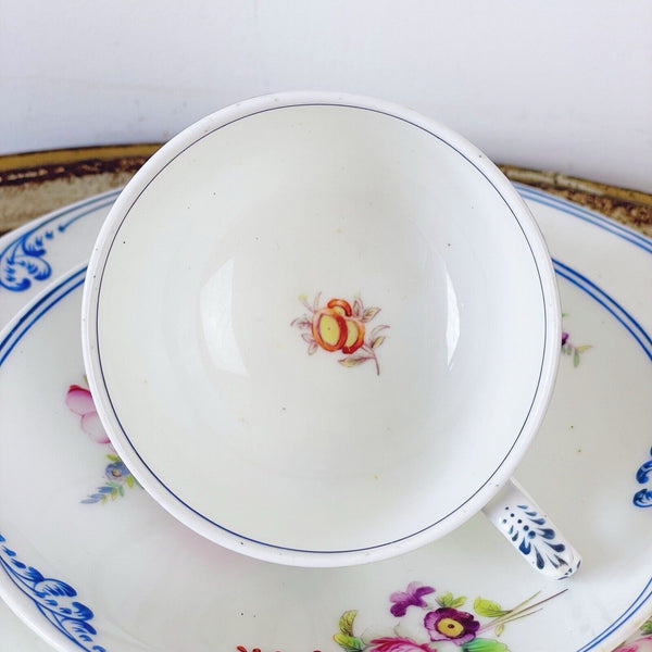 Antique Coalport teacup trio, handpainted flowers and blue edging