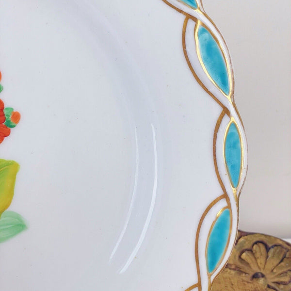 Antique Minton style dessert plate, central handpainted floral study, turquoise