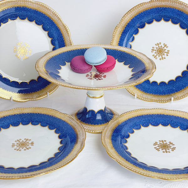 Aynsley cobalt blue and gold dessert service, comport/ tazza, four plates