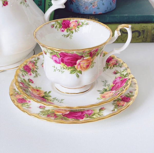 Royal Albert Old Country Roses tea for two, large teapot two teacup trios, 1st quality