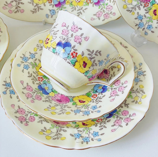 Crown Staffordshire 7 pcs pastel tea set, handpainted flowers, yellow, tea for 2