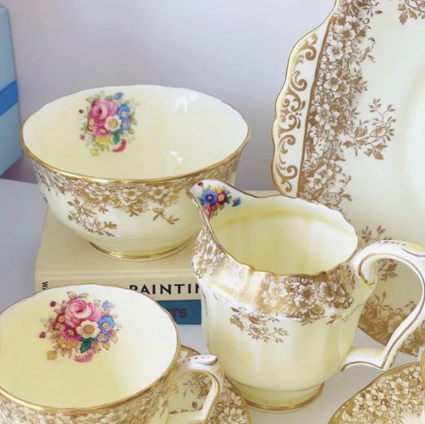 Vintage lemon yellow Crown Staffordshire 21 piece tea set, handpainted flowers