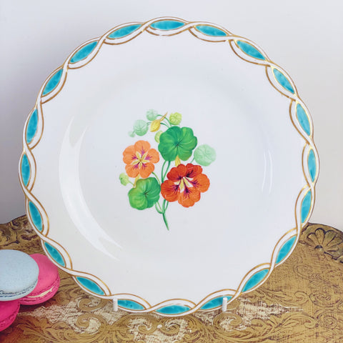 Antique Minton style dessert plate, central handpainted floral study, turquoise