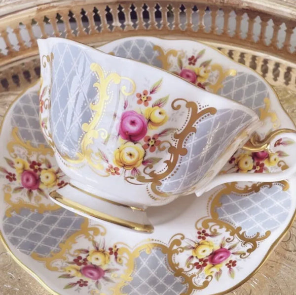 Rare Royal Albert Marie Louise cabinet cup, pink & yellow roses, ribbon bow