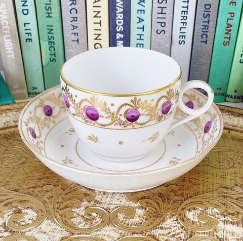 Antique Grainger Worcester teacup duo, bute shape, decorated in puce and gilt