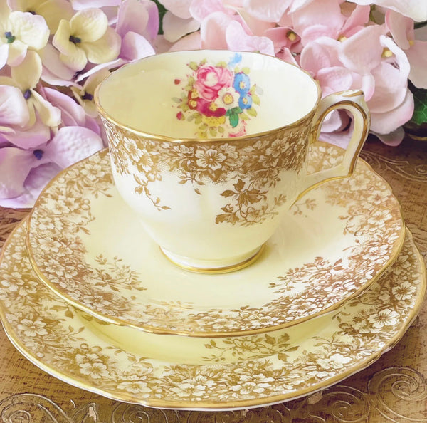 Crown Staffordshire vintage teacup trio, handpainted flowers, yellow