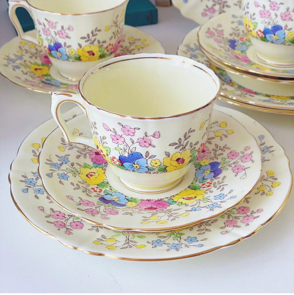 Crown Staffordshire 21 piece pastel tea set, handpainted flowers, lemon yellow