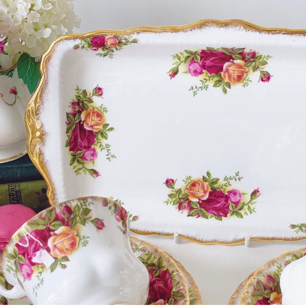 Royal Albert Old Country Roses sandwich tray + two teacup trio set, 1st quality