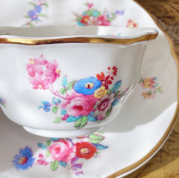 Antique Copeland Spode teacup and saucer duo set, handpainted flowers c1891+
