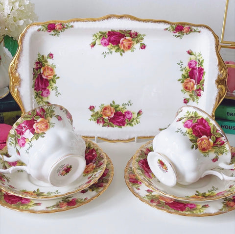 Royal Albert Old Country Roses sandwich tray + two teacup trio set, 1st quality