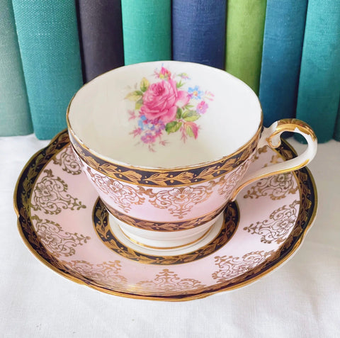 Vintage Aynsley Princess China cabbage rose pink teacup and saucer duo