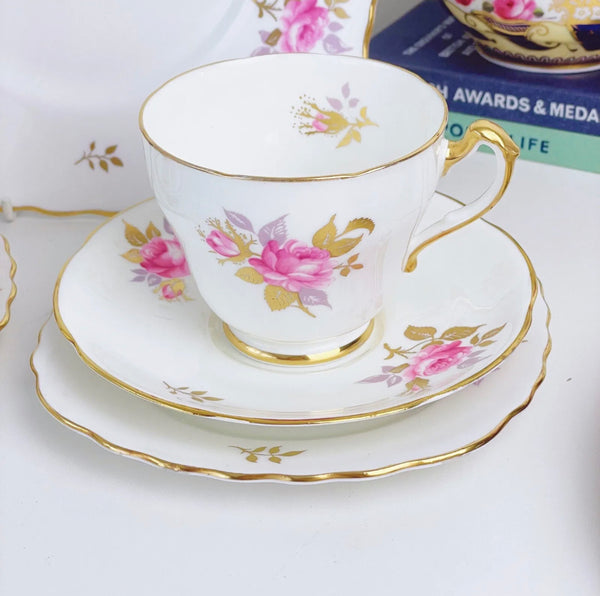Adderley pink cabbage rose tea for two set - cake plate and two teacup trios