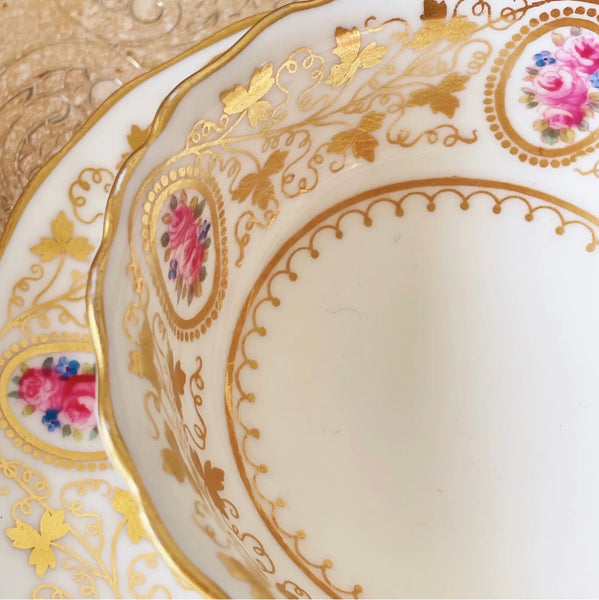 Antique Cauldon teacup trio with gilded vine leaves and pink rose cameos