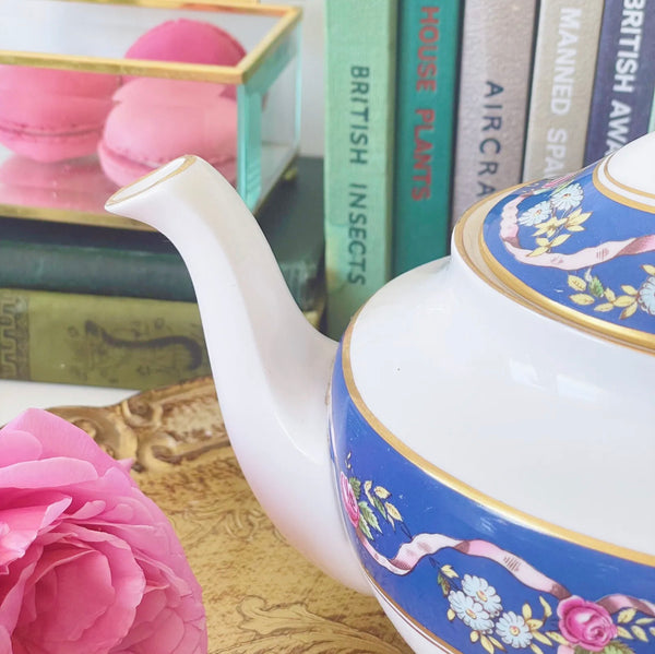Spode Ribbons and Roses teapot, cobalt blue bands with pink bow and roses