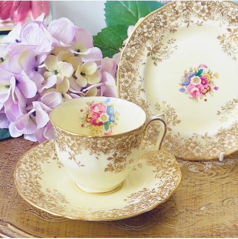 Crown Staffordshire vintage teacup trio, handpainted flowers, yellow