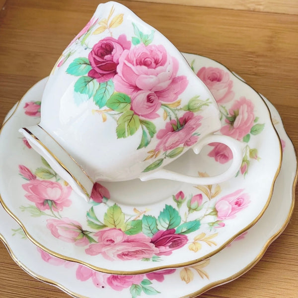 Royal Albert Princess Anne teacup trio, pink cabbage roses