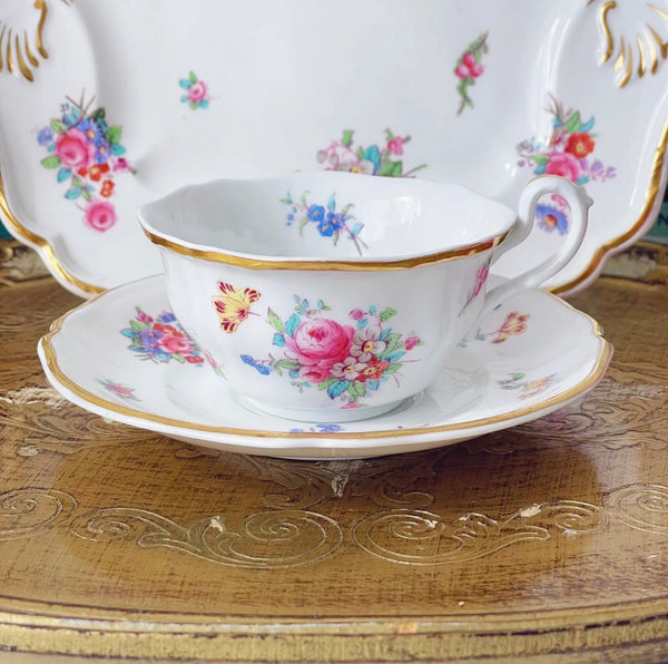 Antique Copeland Spode teacup duo and plate set, handpainted flowers c1891+