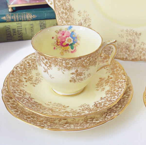 Crown Staffordshire 7 pcs pastel tea set, handpainted flowers, yellow, tea for 2
