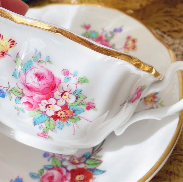 Antique Copeland Spode teacup and saucer duo set, handpainted flowers c1891+