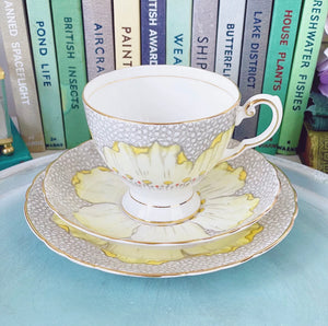 Vintage Tuscan lotus flower teacup trio, rare pattern, yellow