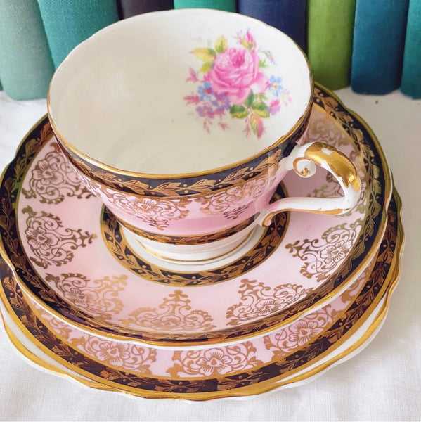 Vintage Aynsley Princess China cabbage rose pink teacup trio