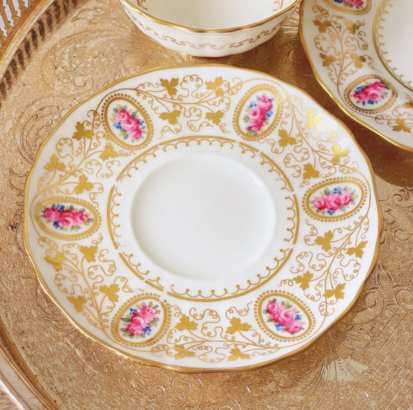 Antique Cauldon teacup trio with gilded vine leaves and pink rose cameos