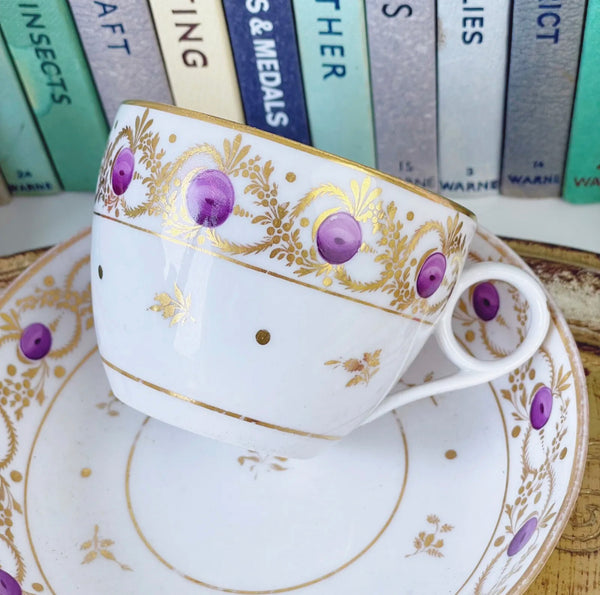 Antique Grainger Worcester teacup duo, bute shape, decorated in puce and gilt