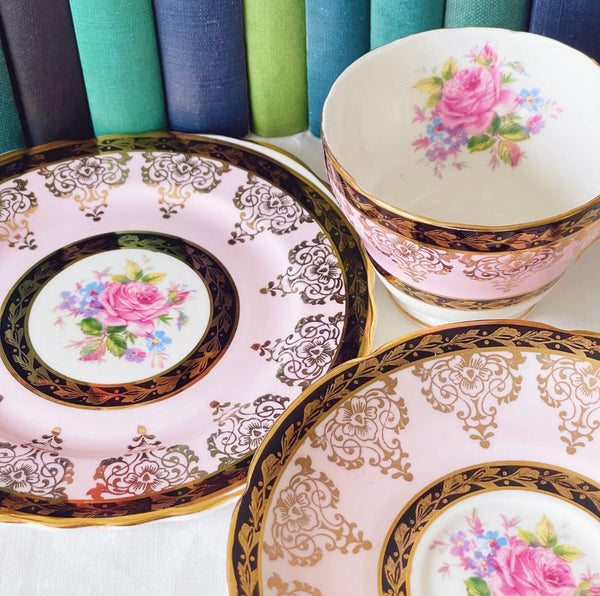 Vintage Aynsley Princess China cabbage rose pink teacup trio
