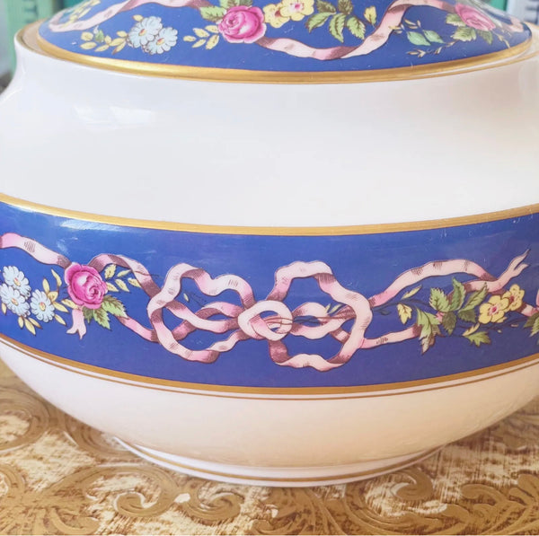 Spode Ribbons and Roses teapot, cobalt blue bands with pink bow and roses