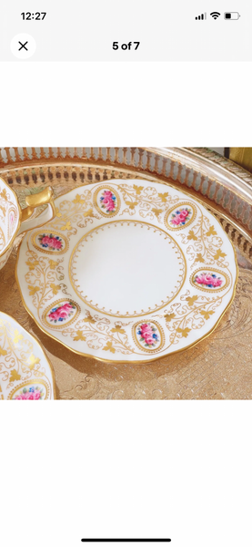 Antique Cauldon teacup trio with gilded vine leaves and pink rose cameos